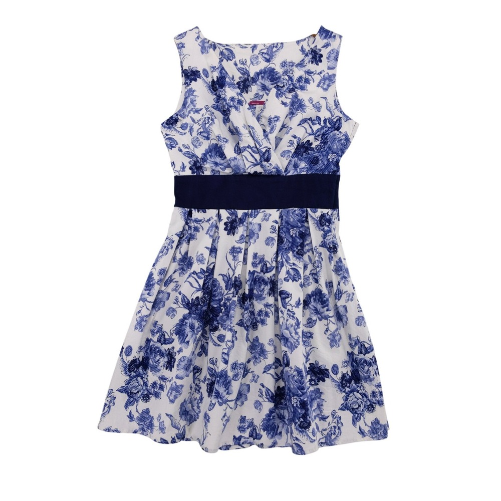 Ixia Fit and Flare Dress Women Small Blue‎ White Floral Toile Sleeveless Pleated